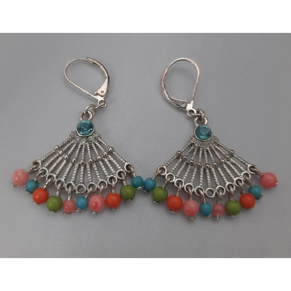Silver Triangle multi colored dangle beads earrings - Picture 1 of 5